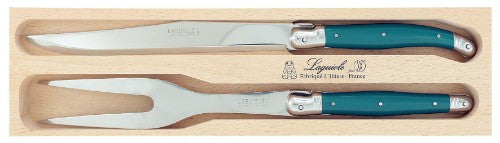 Teal Verdier Carving Set with stainless steel blades and vibrant resin handles, featuring the Laguiole Bee, packaged in a wooden tray.