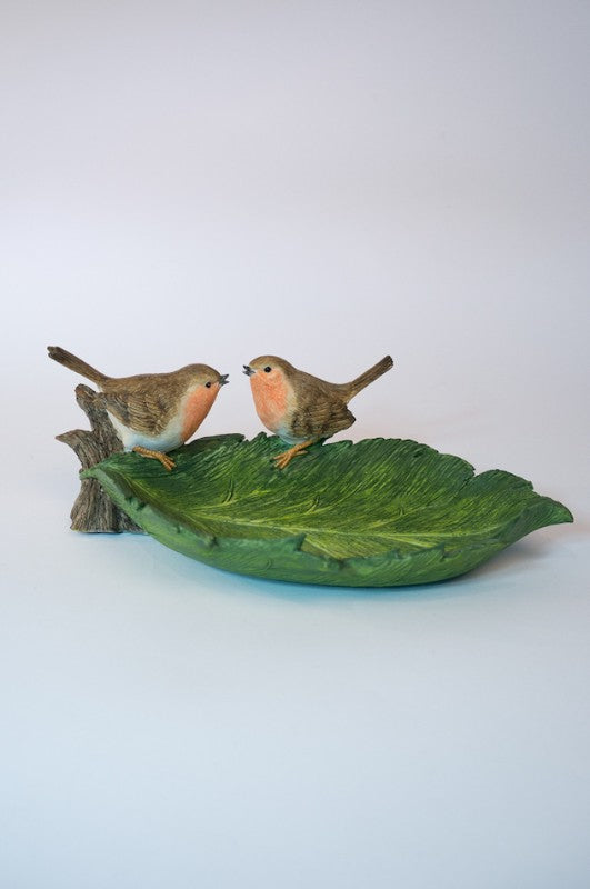 Charming garden ornament bird feeder featuring birds on a leaf, perfect for attracting wildlife to your outdoor space.