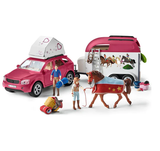 Schleich Horse Adventures playset featuring a groom, mare, SUV, trailer, and grooming tools for imaginative play.