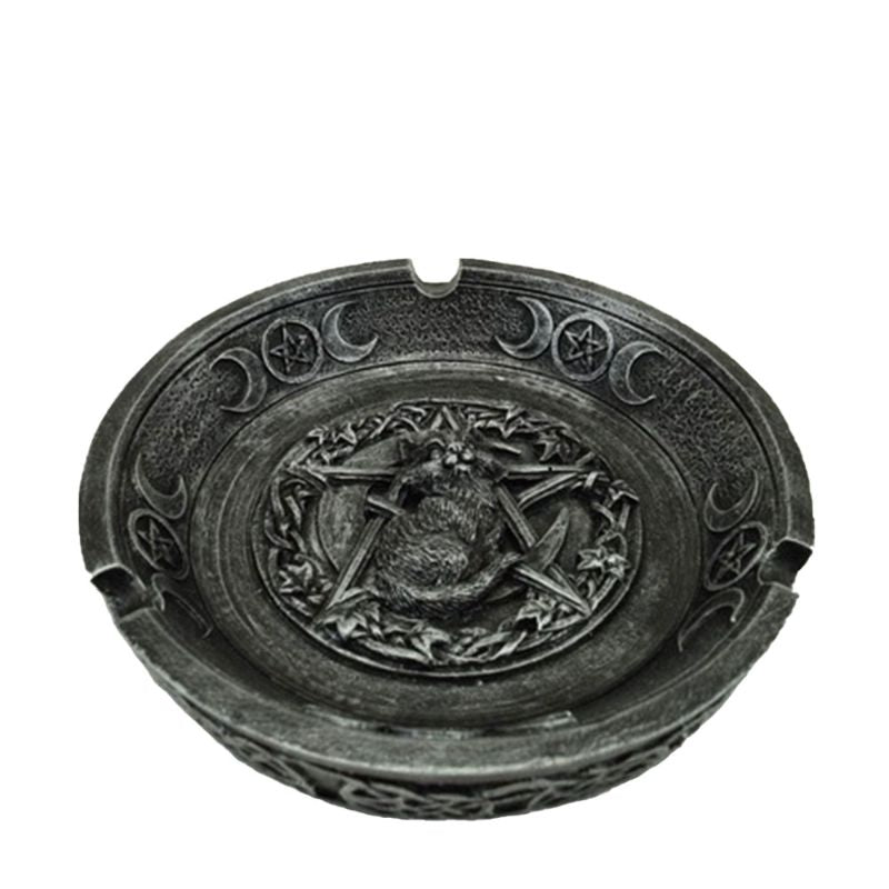 Hand-painted black cat incense holder and ashtray, measuring 2.3cm high, 12.5cm wide, and 12.5cm deep, perfect for cat lovers.