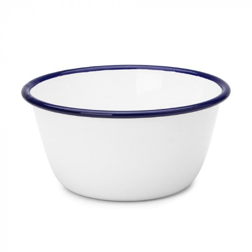 White 10cm Falcon pudding basin, durable enamelware, perfect for baking and cooking, dishwasher safe, and stackable design.