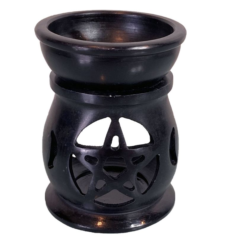 Black Triple Moon Pentacle Soapstone Oil Burner, H:7.6 cm, designed for aromatherapy and home decor, handcrafted in India.
