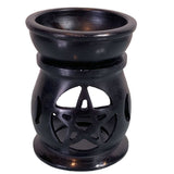 Black Triple Moon Pentacle Soapstone Oil Burner, H:7.6 cm, designed for aromatherapy and home decor, handcrafted in India.