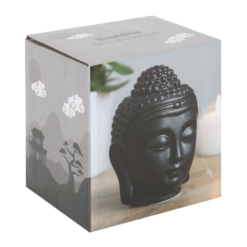 Matte black ceramic Buddha head oil burner for aromatherapy and relaxation, measuring 14x9x9 cm, perfect for any decor.