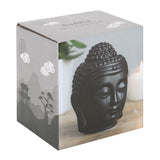 Matte black ceramic Buddha head oil burner for aromatherapy and relaxation, measuring 14x9x9 cm, perfect for any decor.