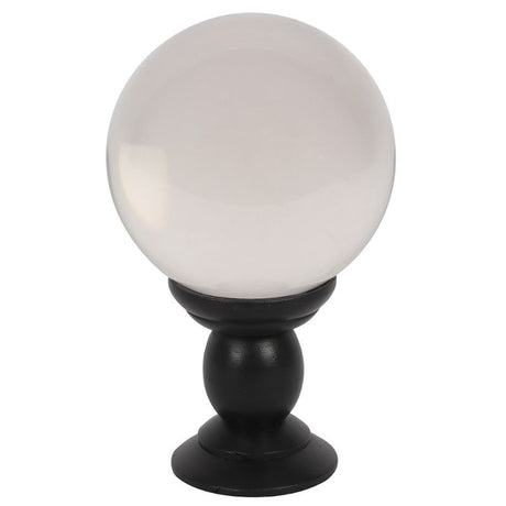 Clear 130mm crystal ball on sturdy wooden stand, ideal for divination, decor, and enhancing spiritual practices.