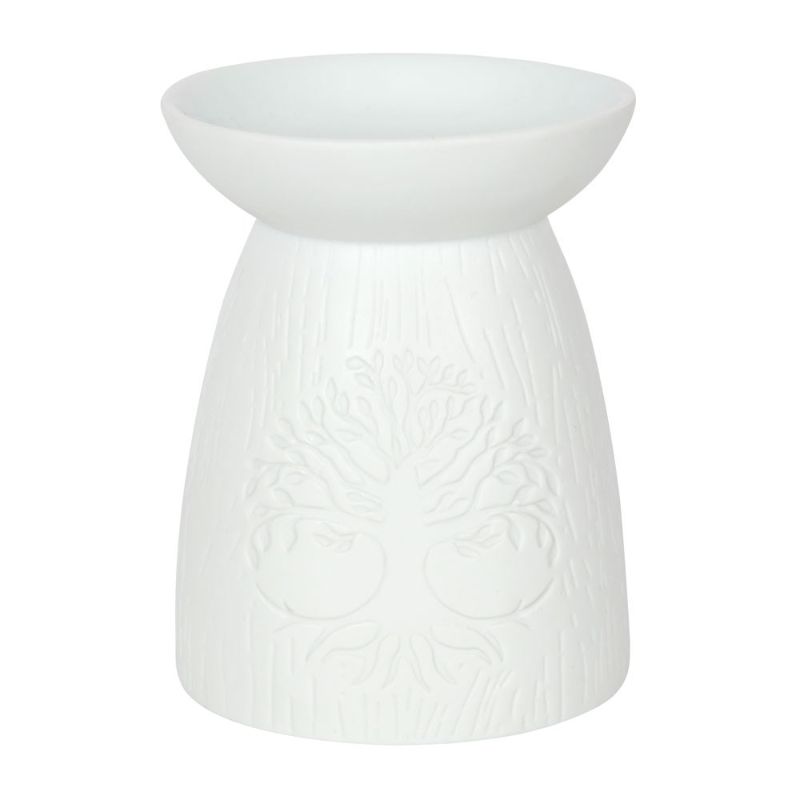 Elegant white ceramic oil burner with a Tree of Life design, perfect for calming aromas and home decor.