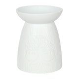 Elegant white ceramic oil burner with a Tree of Life design, perfect for calming aromas and home decor.