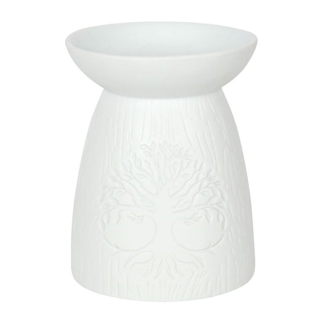 Elegant white ceramic oil burner with a Tree of Life design, perfect for calming aromas and home decor.