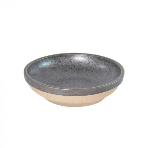 Black speckled round bowl with flared rim, perfect for serving modern dishes and enhancing any dining experience.