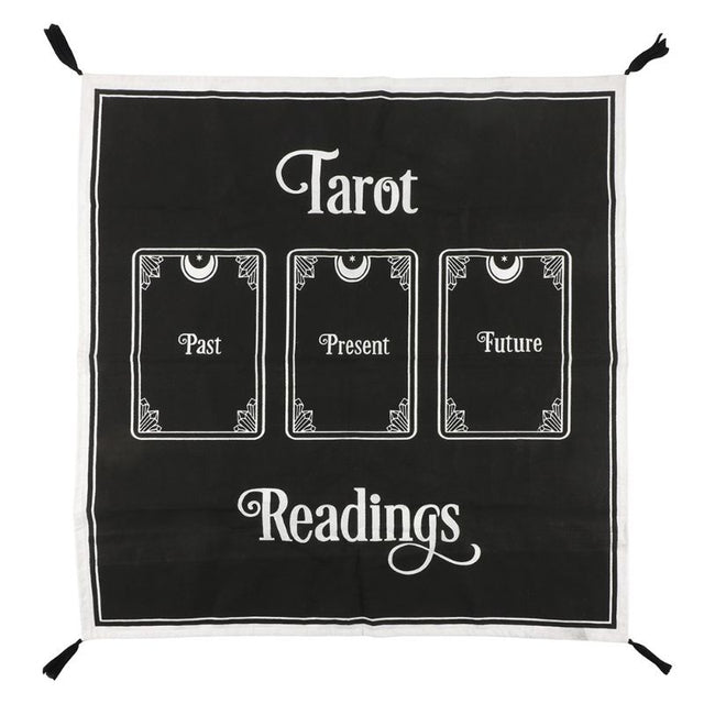 Three-card tarot spread altar cloth with elegant designs for 'past', 'present', 'future'; perfect for readings and decor.