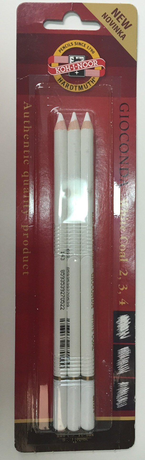 Set of 3 GIOCONDA White Coal Pencils (numbers 2, 3, 4) for precise sketching, shading, and highlighting in artwork.