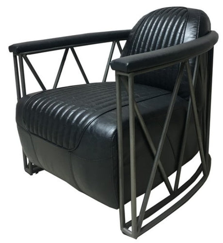 Armchair - Belon Black: Luxurious top-grain leather armchair with vintage metal accents, perfect for modern living spaces.