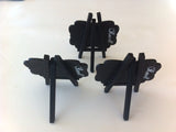 Three small black easels with blackboards, ideal for displaying messages and decor at events, measuring 8cm x 7cm.