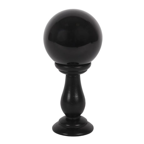 Black 90mm crystal ball on elegant wooden stand, perfect for divination and striking home decor. Ideal for mystical gatherings.