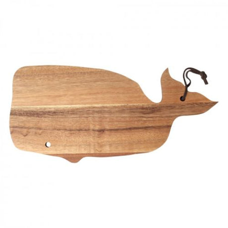 Rustic acacia wood serving board shaped like a whale, promoting ocean sustainability and eco-friendly practices.