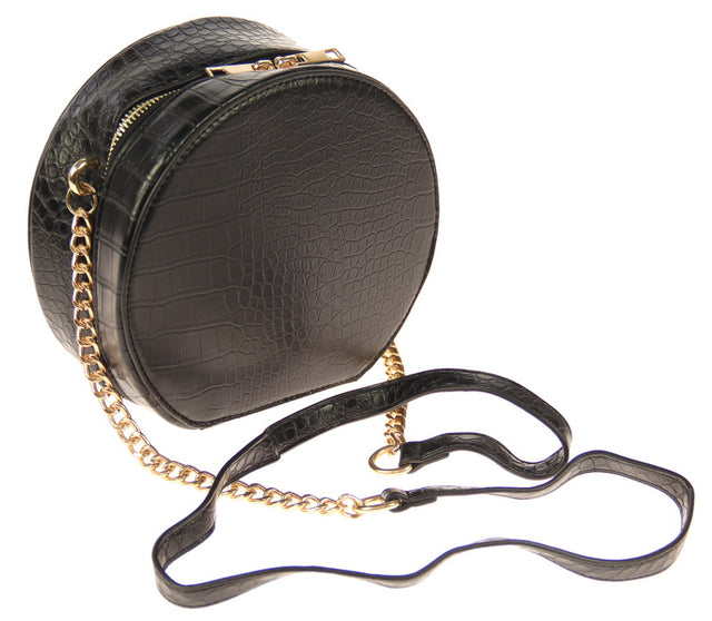 Alt text: Elegant black round box handbag in faux leather, spacious and stylish for daily essentials, perfect for any occasion.