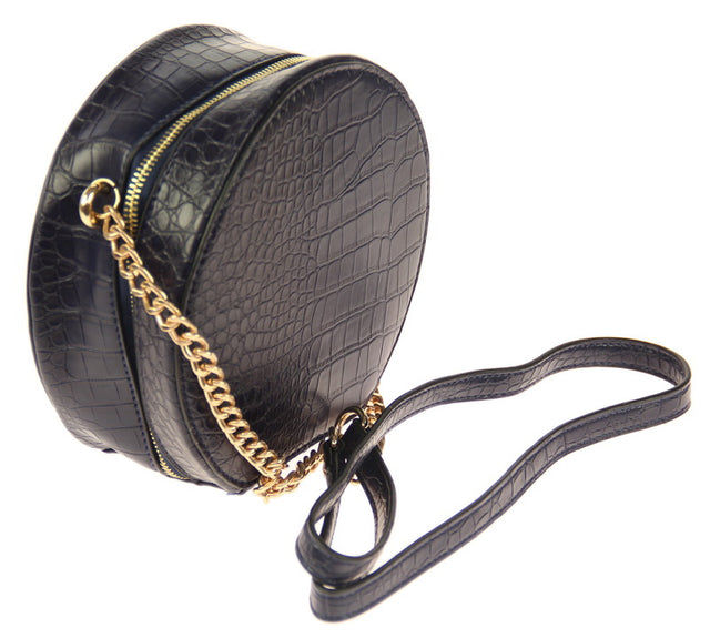 Navy round box handbag made from imitation leather, stylish and functional, measuring 19cm wide and 18cm high.