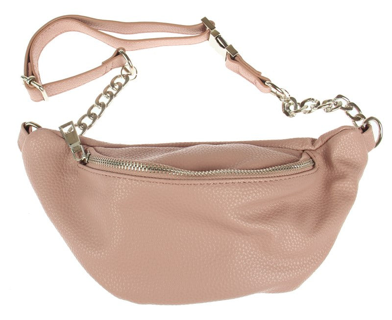 Stylish pink bum bag with metal chain, made of imitation leather, adjustable waist chain for versatile wear.