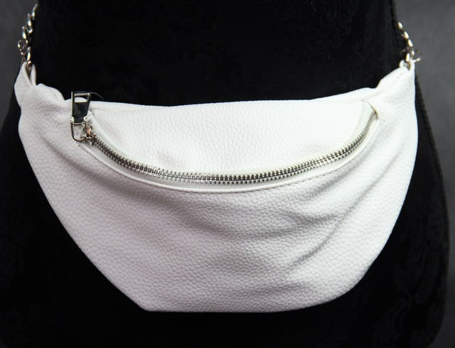 Stylish white bum bag with metal chain strap, made from imitation leather, perfect for hands-free convenience and modern outfits.
