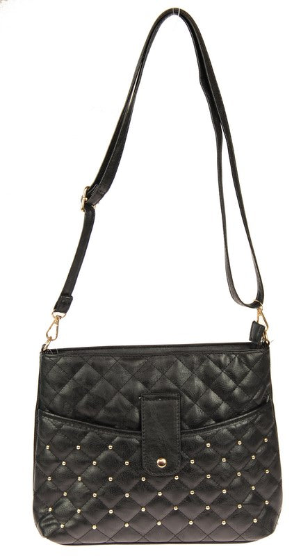 Chic black criss-cross handbag with studs, back zipper, and gold hardware, spacious interior for essentials.