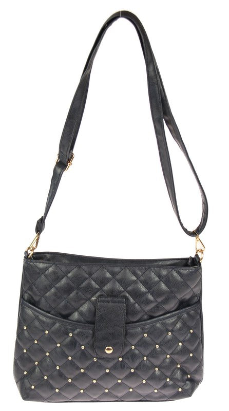 Navy handbag with criss-cross design and studs, featuring a back zipper, gold accents, and khaki lining for stylish organization.