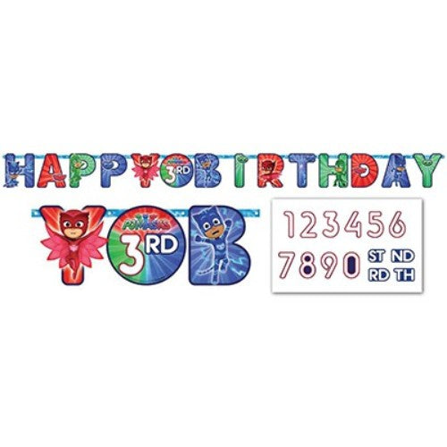 Colorful PJ Masks birthday banner measuring 3.2m, customizable with age numbers, perfect for superhero-themed parties.