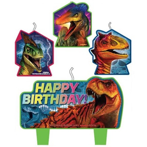 Colorful Jurassic World birthday candles in a set of 4, featuring fun dinosaur designs for themed celebrations.