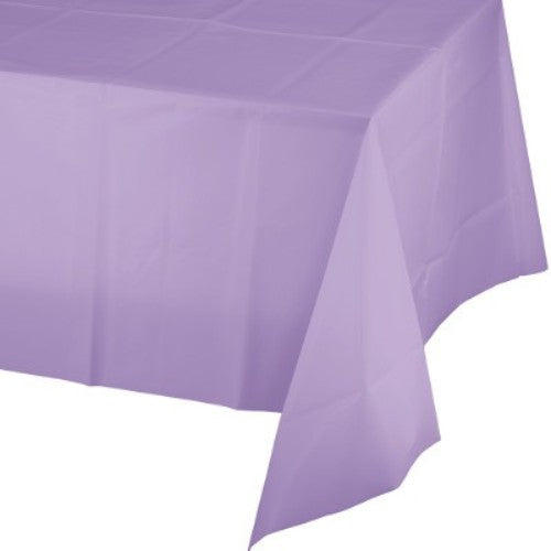 Luscious lavender plastic table cover, 137cm x 274cm, perfect for elegant dining setups and easy cleanup at any event.