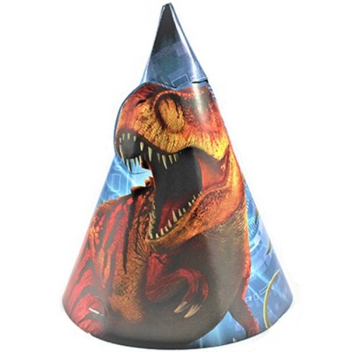 Colorful Jurassic World cone hats with elastic straps, perfect for dinosaur-themed parties and fun celebrations. Pack of 8.