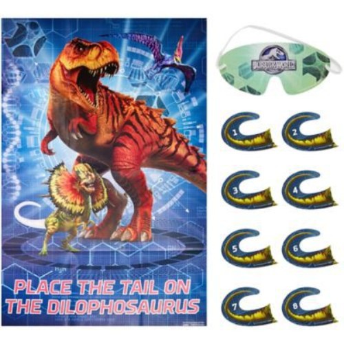 Colorful Jurassic World Party Game set featuring a poster, stickers, and blindfold for interactive dinosaur-themed fun.