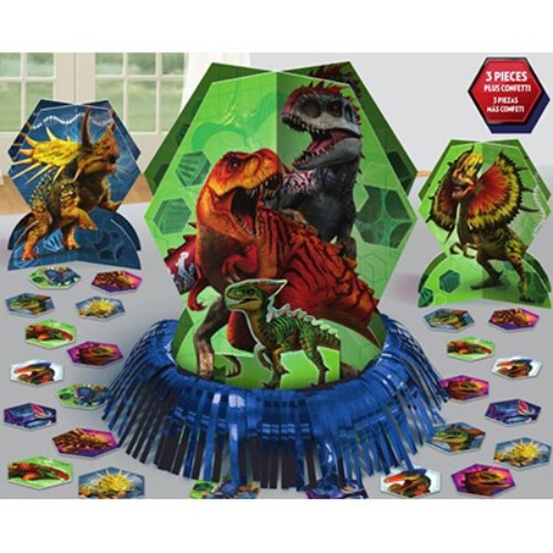 Colorful Jurassic World table decorating kit with a large centerpiece, smaller centerpieces, and fun confetti for festive parties.