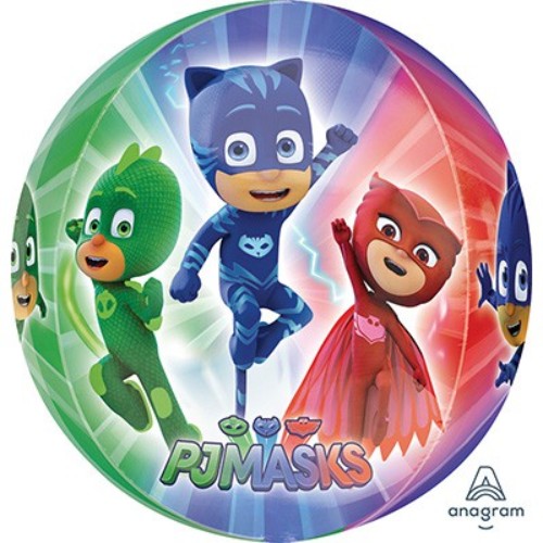 Clear Shape Orbz Balloon featuring PJ Masks characters, 38cm x 40cm, perfect for themed parties and celebrations.