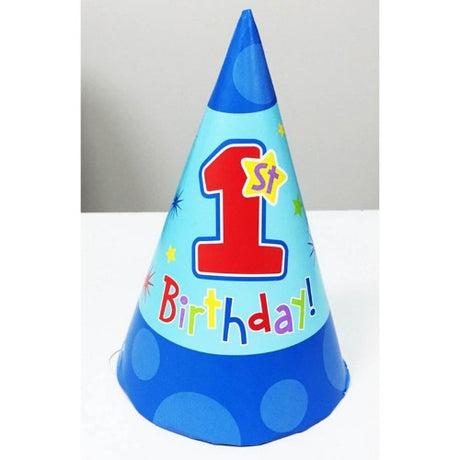 Colorful pack of 6 Hugs&Stitches boy paper hats, perfect for adding fun to parties and celebrations.