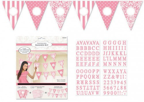 Personalized pink pennant banner pack of 24 for celebrations, includes adhesive letters and ribbon for customization.