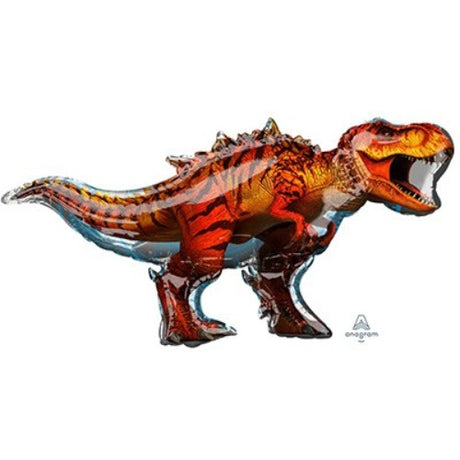 Foil balloon shaped like a T-Rex, measuring 114cm x 60cm, perfect for Jurassic-themed celebrations and parties.