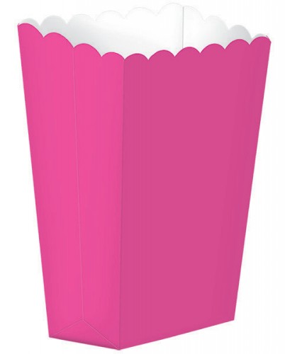 Bright pink popcorn favor boxes, perfect for parties and events, measuring 5 1/4" x 3 3/4", pack of 5.