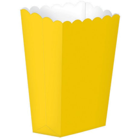 Sunshine yellow popcorn favour boxes in a pack of 5, perfect for parties and versatile for treats and small gifts.