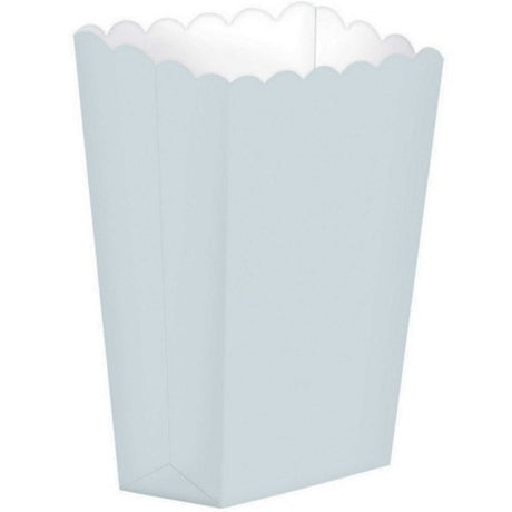 Small silver popcorn favour boxes, pack of 5, perfect for elegant parties and gifts, measuring 5 1/4" x 3 3/4".