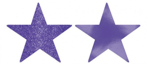 Five shimmering purple star cutouts, 5 inches each, perfect for lively party decor and creative celebrations.