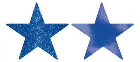 Bright royal blue star cutouts with foil and glitter, perfect for party decor and celebrations, pack of 5.