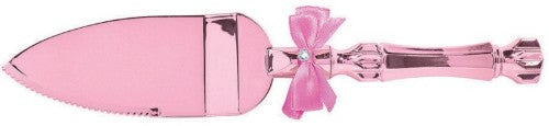 Charming pink cake server with bow and gem, crafted from durable electroplated plastic, perfect for special occasions.