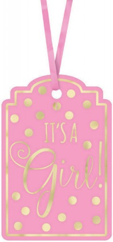 Foil-stamped pink paper tags (3"x2") pack of 25, perfect for gift labeling and adding a personal touch.