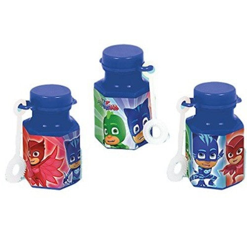 Colorful PJ Masks mini bubble bottles featuring Catboy, Owlette, and Gekko, perfect for parties and imaginative play.