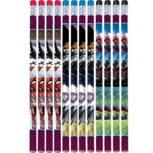 Colorful pack of 12 Spiderman pencils with fun designs and erasers, perfect for kids' parties and everyday use.