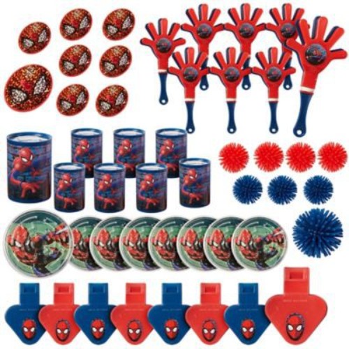 Spiderman-themed favor pack with 48 pieces including mini viewers, wooly balls, and puzzles for children's parties.