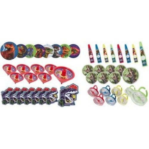 Colorful Jurassic World Mix Favors featuring 48 pieces of bookmarks, stickers, kazoos, compass rings, tops, and maze puzzles.