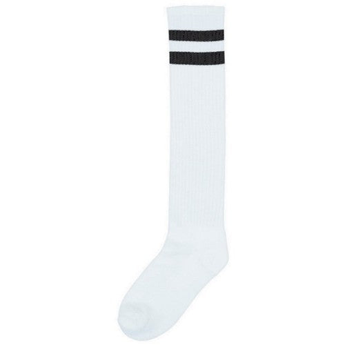 Striped knee socks in white, featuring stylish stripes for a chic look and comfortable fit for any occasion.