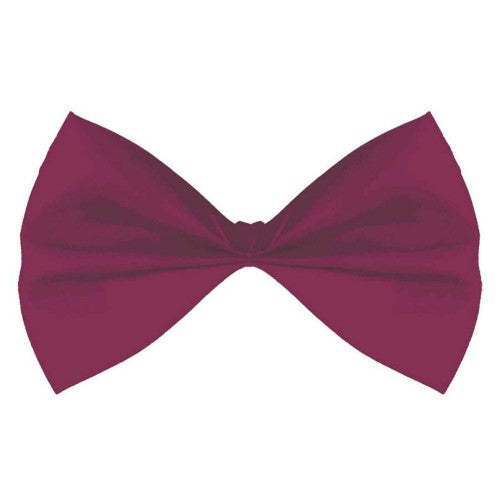 Elegant burgundy bowtie measuring 3 1/4" x 6" with elastic band, perfect for formal events and costume parties.