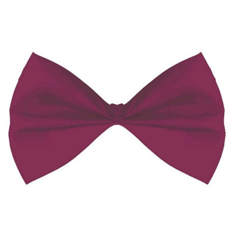 Elegant burgundy bowtie measuring 3 1/4" x 6" with elastic band, perfect for formal events and costume parties.